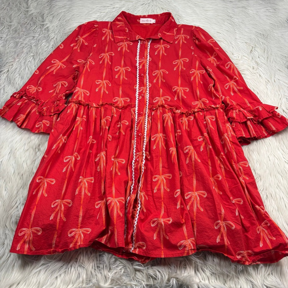 Ivy City Co Women's XL Red Bow Print Button-Front Dress Ruffle Lace Trim